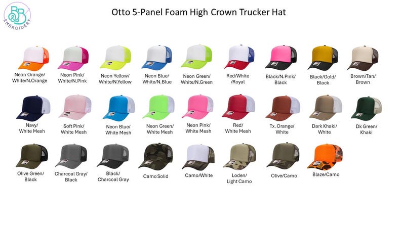 May include: A display of Otto 5-Panel Foam High Crown Trucker Hats in various colors. The hats feature a high crown and mesh back. Colors include neon orange, pink, yellow, blue, green, red, black, gold, brown, navy, soft pink, and camo.