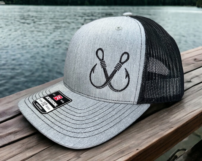 Embroidered Double Fish Hook Trucker Hat - Richardson 112 Fishing Apparel, Custom Outdoorsman Cap, Unique Angler Father's Day Gift