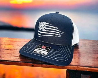 USA hat, American Flag Hat, Embroidered Flag Hat, Patriotic Trucker Hat, Fourth of July Hat, Distressed Flag Hat, USA, American Flag