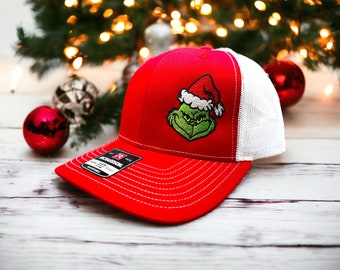 Grinch hat, Embroidered Grinch Face Christmas Hat, grinch Santa hat, holiday spirit hat, Mr grinch hat, Christmas hat, grinchmas, Xmas hat