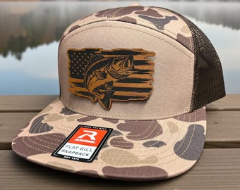 Fishing Hat, Bass fishing hat, USA flag Fishing hat, gift for him, Camo fishing hat, Christmas gift, Laser engraved patch, Fishing patch hat