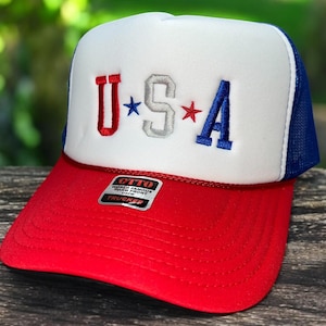 Embroidered USA Otto Foam Trucker Hat - Patriotic Red White Blue