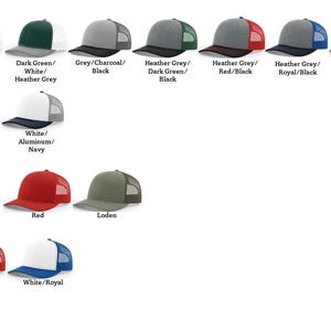 May include: A variety of trucker hats in different colors and patterns. The hats are arranged in rows, with the top row labeled "TRI-COLOR", the middle row labeled "SOLID", and the bottom row labeled "ALTERNATE".