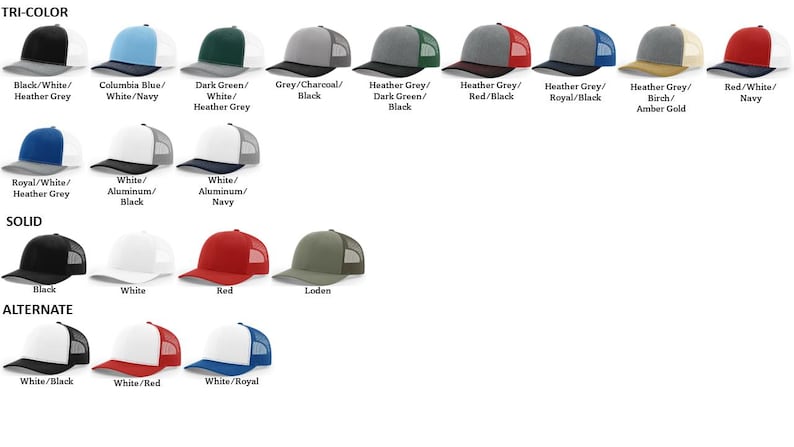 May include: A variety of trucker hats in different colors and patterns. The hats are arranged in rows, with the top row labeled "TRI-COLOR", the middle row labeled "SOLID", and the bottom row labeled "ALTERNATE".