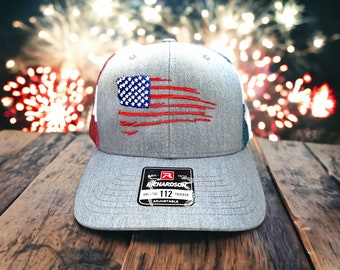 American Flag Hat, Distressed flag hat, embroidered hat, Patriotic hat, USA hat Richardson 112 Trucker hat, stripes and stars hat