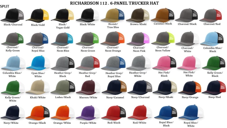 May include: A chart showing 36 different color combinations for a 6-panel trucker hat. The hat is made by Richardson and is model number 112. The chart shows the different colors of the front panel and the mesh back panel.