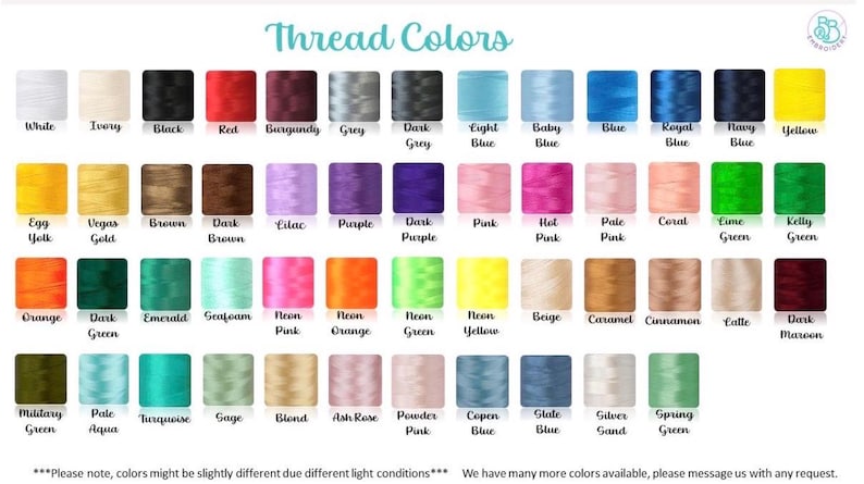 May include: A color chart displaying rows of embroidery thread spools in various shades including white, ivory, black, red, burgundy, grey, blue, yellow, pink, green, orange, and brown, with each color labeled by name below the spool.