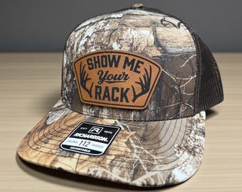Show Me Your Rack patch hat, Custom Patch hat, Richardson 112 Trucker Hat, Funny Hunting Hat, Deer Antler Gift for Him, Christmas Gift