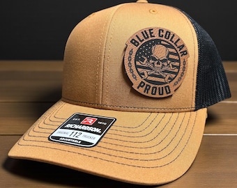 Blue Collar Proud Laser Engraved Patch Hat - Richardson 112 Trucker Cap, Funny Hard Working Tradesman Gift, Camo Snapback