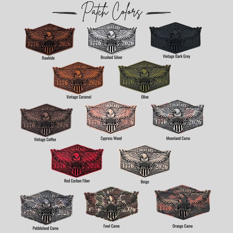 May include: A collection of patches in various colors, each featuring an eagle, the American flag, and the years 1776 and 2026. The patches are labeled with names like "Rawhide," "Brushed Silver," and "Red Carbon Fiber."