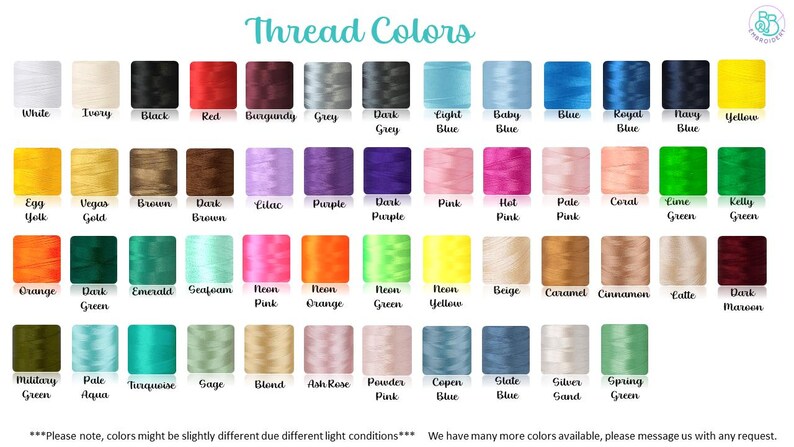 May include: A color chart displaying a wide array of thread colors, including white, black, red, and various shades of blue, green, and pink. The text "Thread Colors" is at the top. The chart includes color names like "Burgundy," "Emerald," and "Neon Pink."