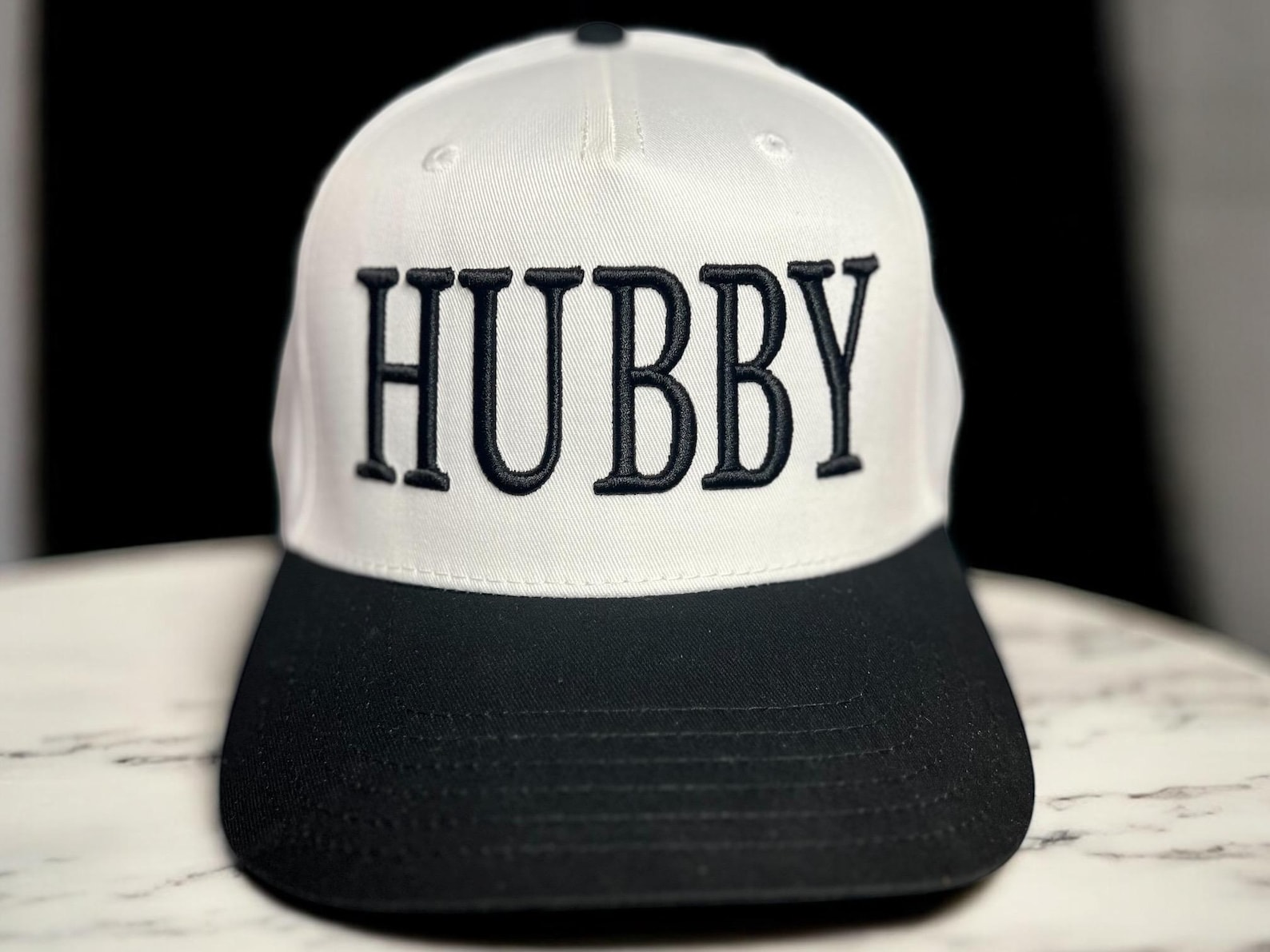Wifey and Hubby Matching Hats - Black/White hat, HUBBY; Black thread