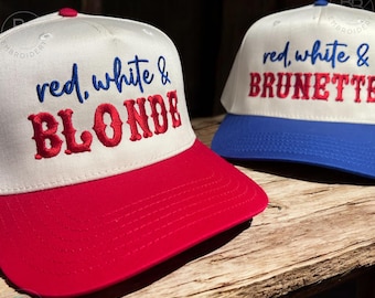 Red White and Blonde Embroidered Trucker Hat - Patriotic 4th of July Brunette or Ginger Baseball Cap, Funny Retro Americana USA Gift