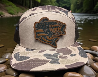 Bass Fishing American Flag Hat - Laser engraved patch, Richardson 168 Flat Bill Trucker Cap, Custom Angler Gift For Him, Camo Snapback
