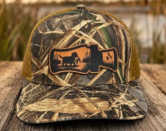 Duck Call Hunting Hat, Mossy Oak Camo Trucker Hat, Retriever Dog Duck Hunter Cap, Waterfowl Hunting Gift for Men