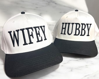 Wifey Hubby Matching Caps - 3D Puff Embroidered Trucker Hat, Retro Bride Groom Wedding Gift, Custom Couple Honeymoon Snapback