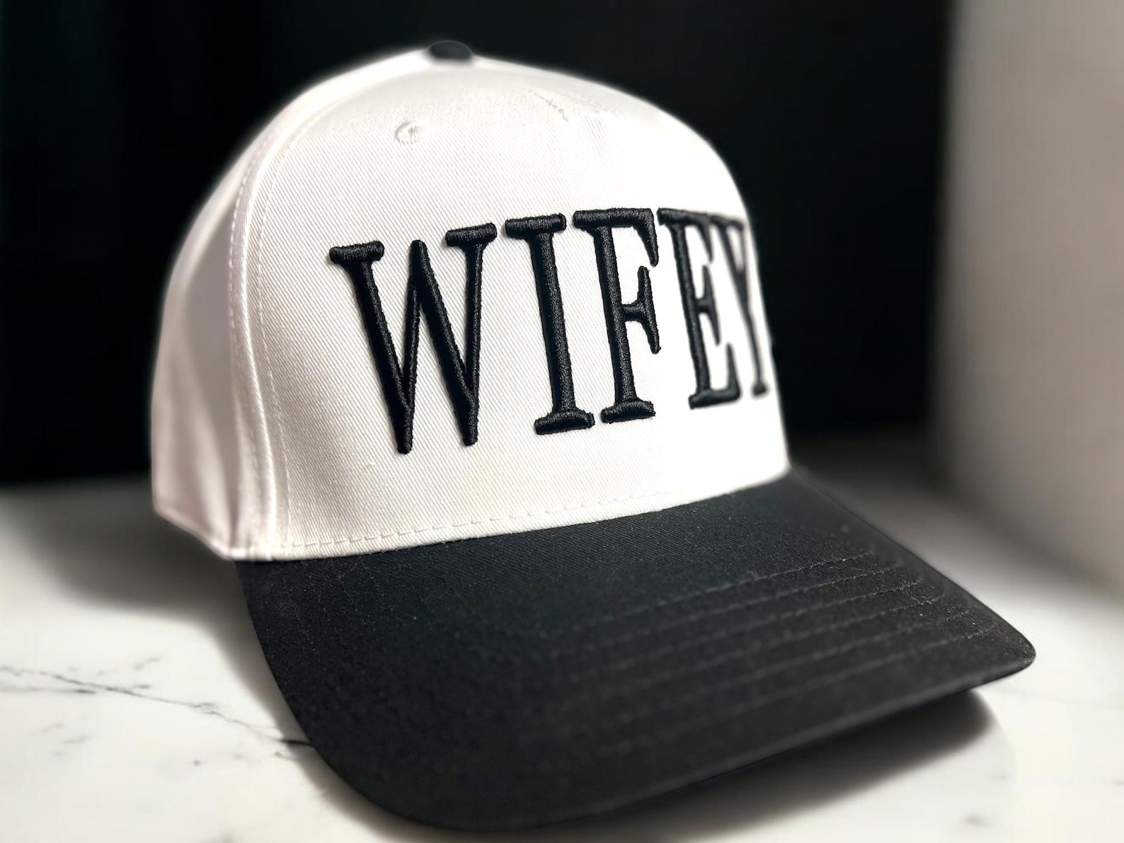 Wifey and Hubby Matching Hats - Black/White hat, WIFEY; Black thread