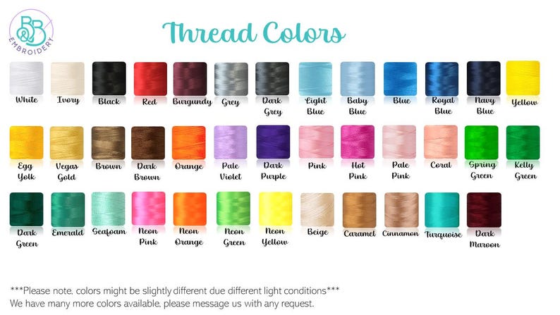 May include: A color chart displaying a variety of thread colors for embroidery projects. The chart includes shades of white, black, red, blue, green, yellow, and more. Text at the top reads "Thread Colors."