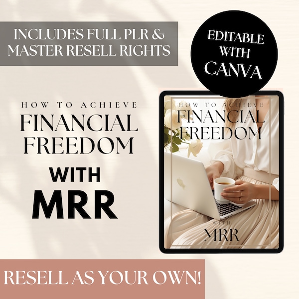 Guide de 40 pages sur la liberté financière avec MRR, modèle PDF d'ebook avec DPP, droits de revente principaux inclus, Canva, réseaux sociaux, petite entreprise