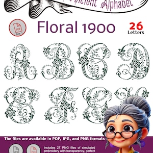26 patrones de punto de cruz que replican un alfabeto antiguo con tipografía floral de 1900, ideales para bordados elegantes y detallados.