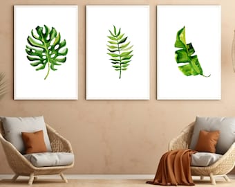 Impresiones de arte de pared de hoja verde tropical, juego de 3 impresiones, impresión de hoja verde de acuarela, arte de pared botánico, arte de pared imprimible, descarga digital