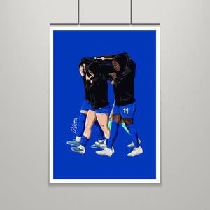 May include: A digital illustration on a solid blue background depicting three individuals in black hooded sweatshirts and blue athletic shorts carrying a large black equipment bag. The individuals wear blue football socks and white boots.