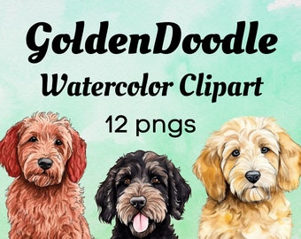 May include: Watercolor clipart of three Golden Doodle dogs. The dogs are brown, black, and cream colored. The image includes the text "Golden Doodle Watercolor Clipart 12 pngs".