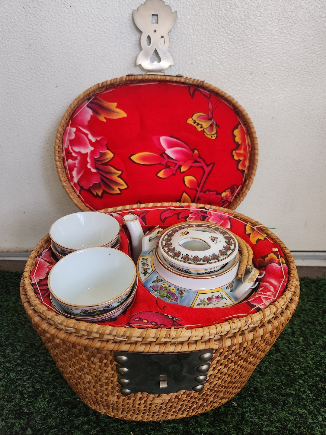 Vintage Oriental Tea Set in Basket Etsy
