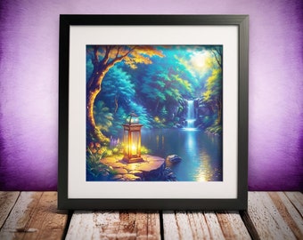 Enchanting Fantasy Waterfalls Lanscape Arte digital imprimible