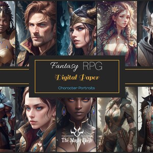 Fantasy RPG Character Portraits Generative AI Digital Papers for Scrapbooking, Journaling, Collaging, and other Creative Projects