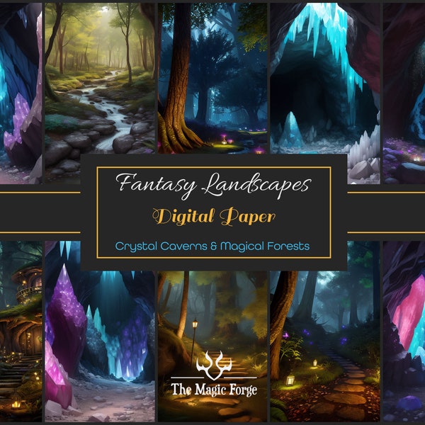 Crystal Caverns & Magical Forests Fantasy Landscapes digital printable paper, AI digital art, scrapbook, journal