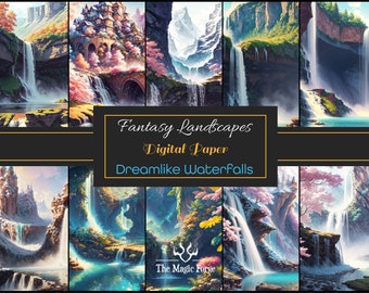 Cascadas de ensueño Paisajes de fantasía AI Arte Papel imprimible digital para álbumes de recortes, diarios, collages y otros proyectos creativos