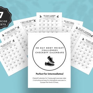 7 bodyweight exercise 30 day challenge calendar checkoffs for intermediates. Motivate your clients with this printable fitness challenge PDF