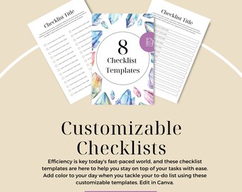 May include: Eight customizable checklist templates featuring watercolor illustrations of colorful crystals. The text "8 Checklist Templates" is displayed in a purple circle. The text "Customizable Checklists" is displayed in a large font below the templates. The text "Efficiency is key today's fast-paced world, and these checklist templates are here to help you stay on top of your tasks with ease. Add color to your day when you tackle your to-do list using these customizable templates. Edit in Canva." is displayed below the text "Customizable Checklists". The text "DOWNLOAD NOW" is displayed in a purple button.