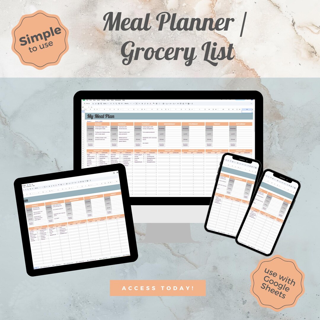 Google Sheets Meal Planner & Grocery List | Easy-to-print Grocery ...