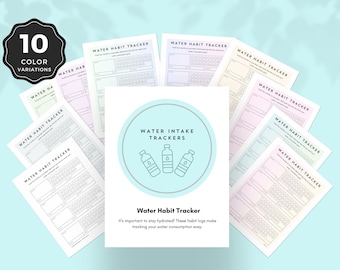 Water intake tracking PDFs. 10 color variations. Easily monitor water consumption. Add to your habit trackers. Great for water challenges.