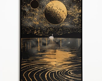 Swan Under Golden Moon | Elegant Celestial Art | Tranquil Night Sky Painting
