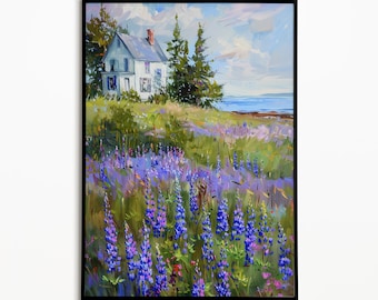 メイン海岸の水彩画アートプリント：ルピナスの花、海岸の風景 - Etsy 日本