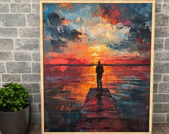 Fisherman at Sunset Painting | Vibrant Evening Landscape | Serene Dock Scene Art