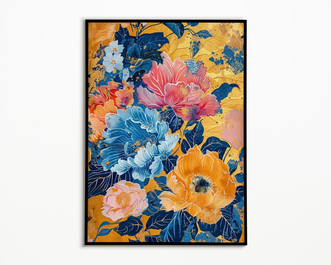 Blue Floral Watercolor Art Print | Gold Botanical Wall Decor (digital ...