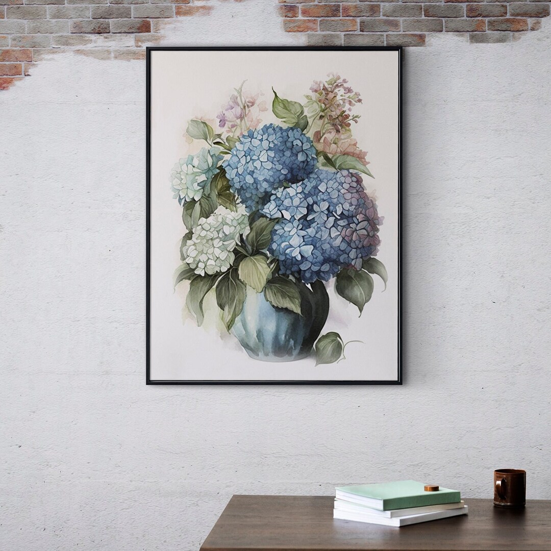 Blue Hydrangea Watercolor Floral Wall Art Instant Download - Etsy
