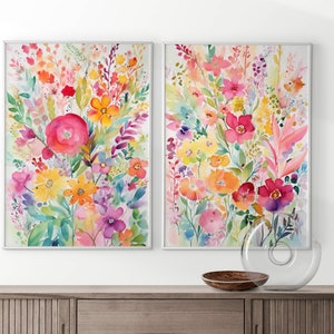 Floral Wildflower Field, Set Of 2  Watercolor Print, Wall Art, Printable Colorful Flower Artwork, Digital Download