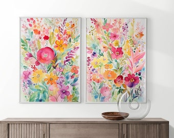 Floral Wildflower Field, Set Of 2  Watercolor Print, Wall Art, Printable Colorful Flower Artwork, Digital Download