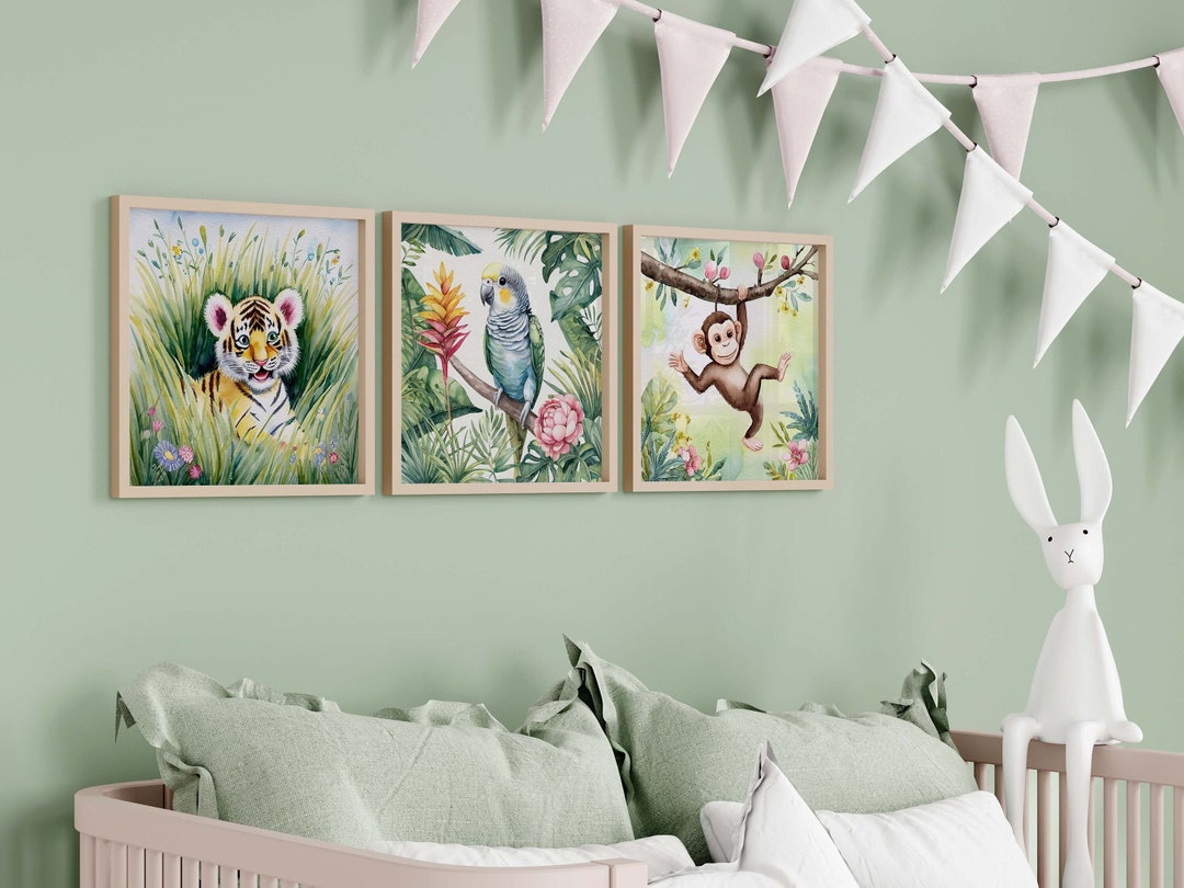 Jungle Nursery Art Set of 3 | Lion, Parrot & Monkey Handpainted Art ...