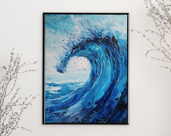 Dipinto di onde blu vivide / Stampa artistica di oceano energico / Decorazione murale costiera