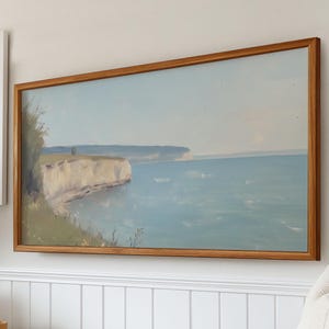Summer Frame TV Art - Serene English Coastline Landscape Painting, Calming Coastal Wall Art - Muted Color Palette