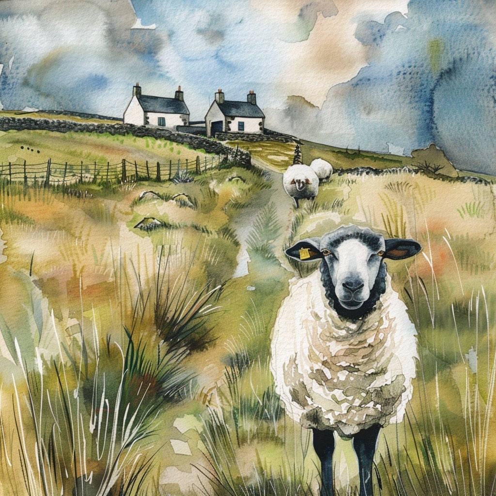 アイルランドの田園風景を描いた羊の水彩画 | 素朴な農家のアート