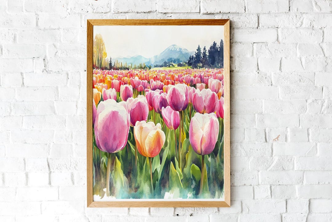 Pink Tulip Field Watercolor Art Print | Botanical Wall Decor (digital ...