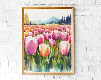 Pink Tulip Field Print Watercolor Art | Botanical Wall Decor | Floral Art Print - Instant Digital Download