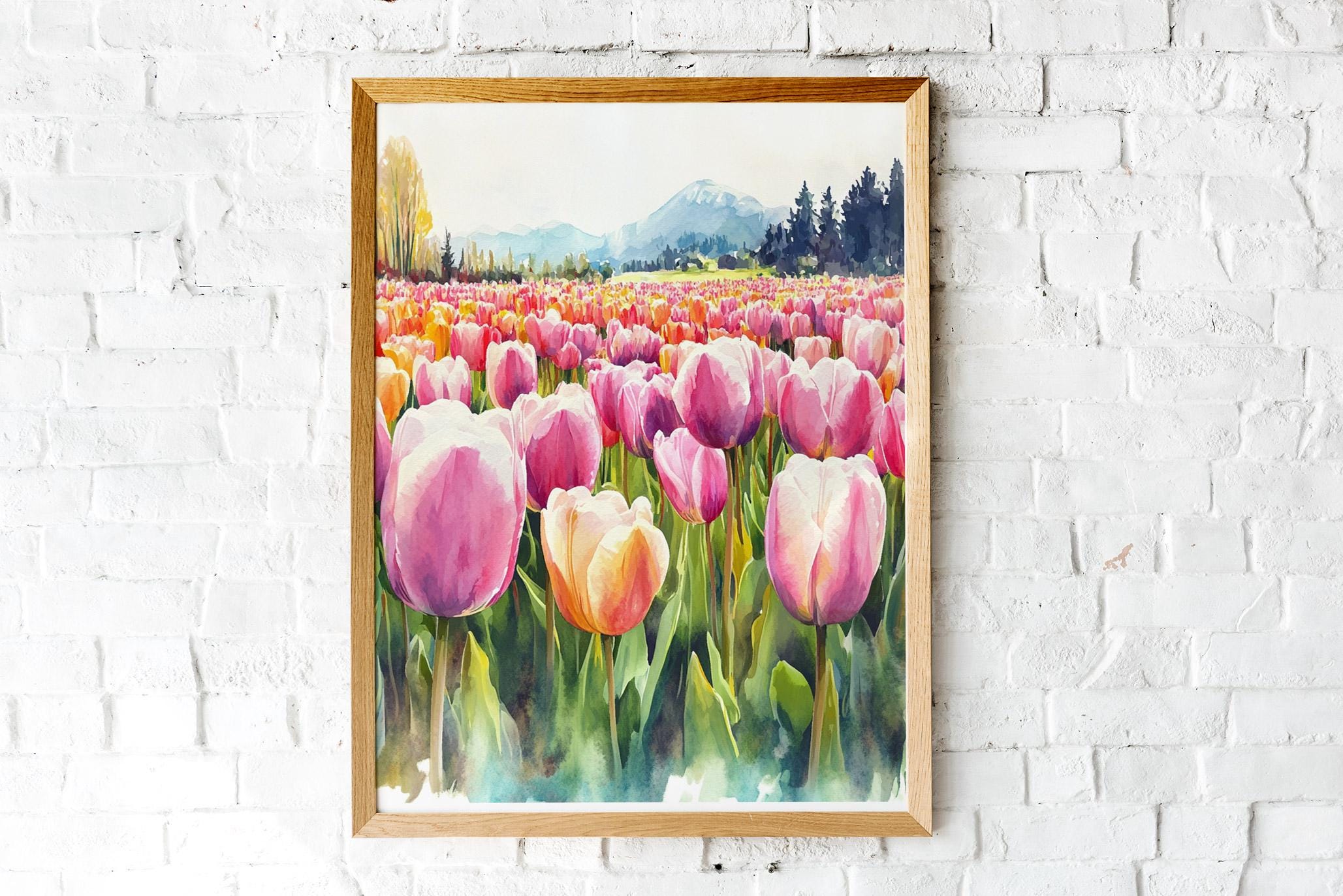 Pink Tulip Field Watercolor Art Print | Botanical Wall Decor (digital ...